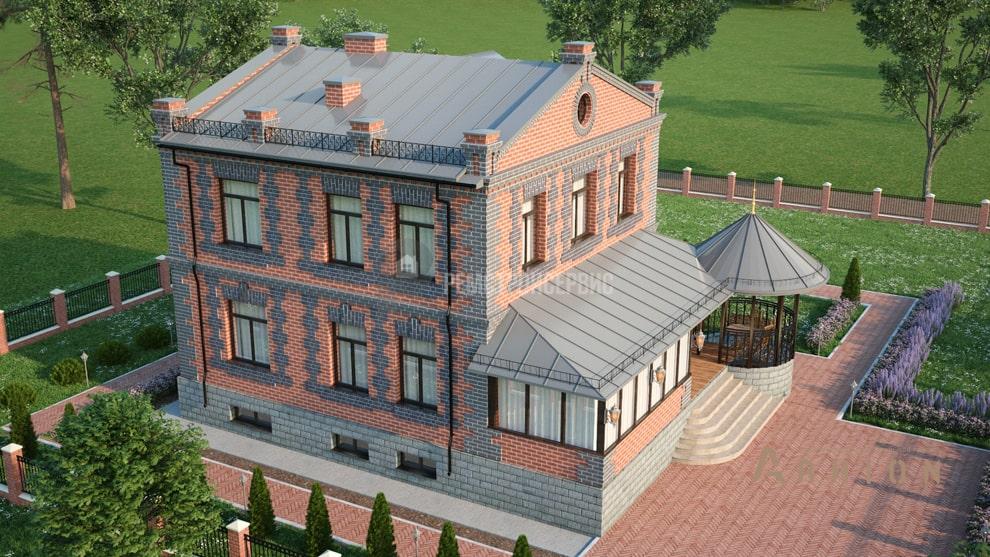 5. Проект двухэтажного дома в замковом стиле с двускатной кровлей, t-23-01, площадью - 213 кв c цокольным этажом, терассой